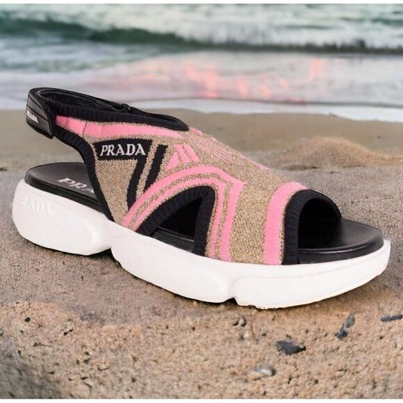 Prada Shoes - PRADA Cloudburst Pink & Beige Knit Logo Ankle Strap Slingback Sandals Si…